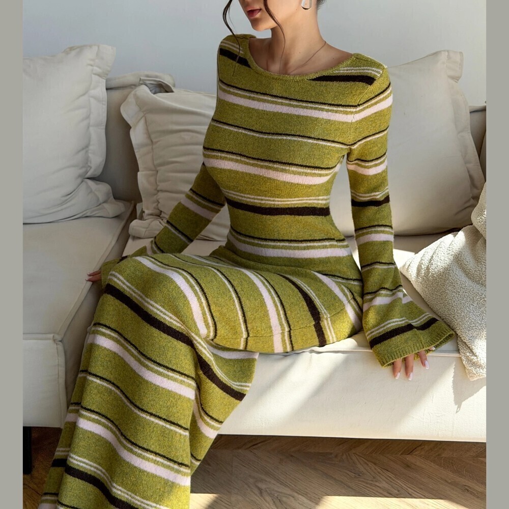 Chartreuse Green Striped Knit Long Sleeve Bodycon Maxi Sweater Dress